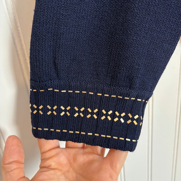 Vintage St. John Collection Knit Jacket Women 16 Navy Blue Gold Studded Zip Up - Picture 4 of 15